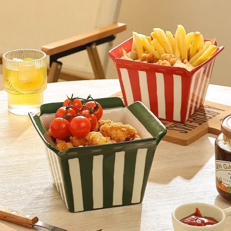 French Fries Box Ceramic Striped Bowl