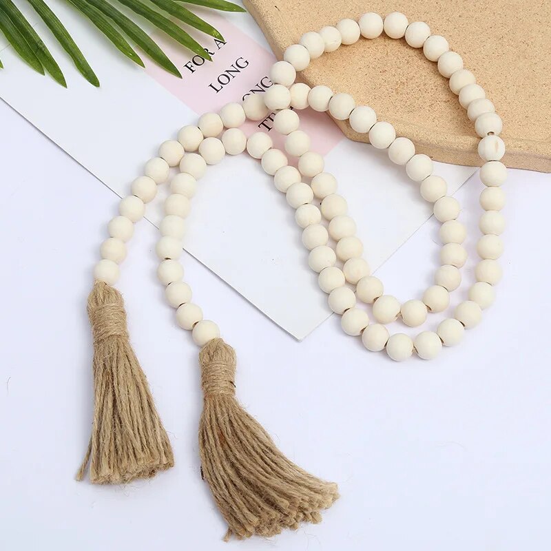 White Farmhouse Tasseled Wood Beads