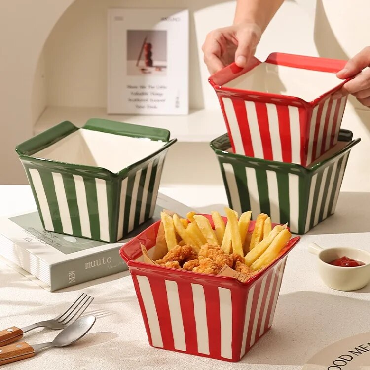 French Fries Box Ceramic Striped Bowl