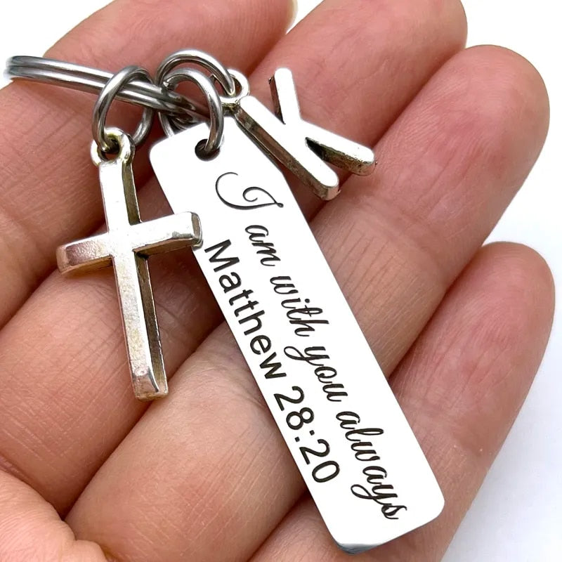 Matthew 28:20 + Initial Laser Engraved Scripture Key Chain