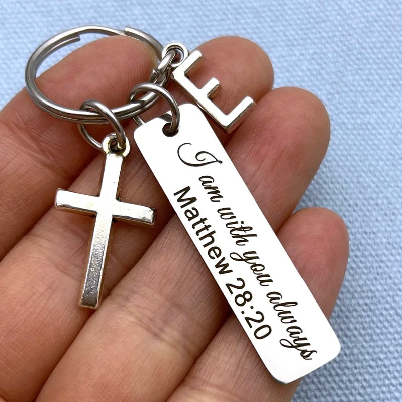 Matthew 28:20 Laser Engraved Scripture Key Chain + Initial Pendant