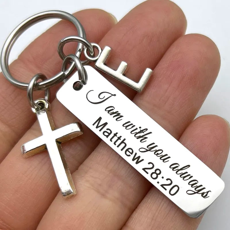 Matthew 28:20 Laser Engraved Scripture Key Chain + Initial Pendant