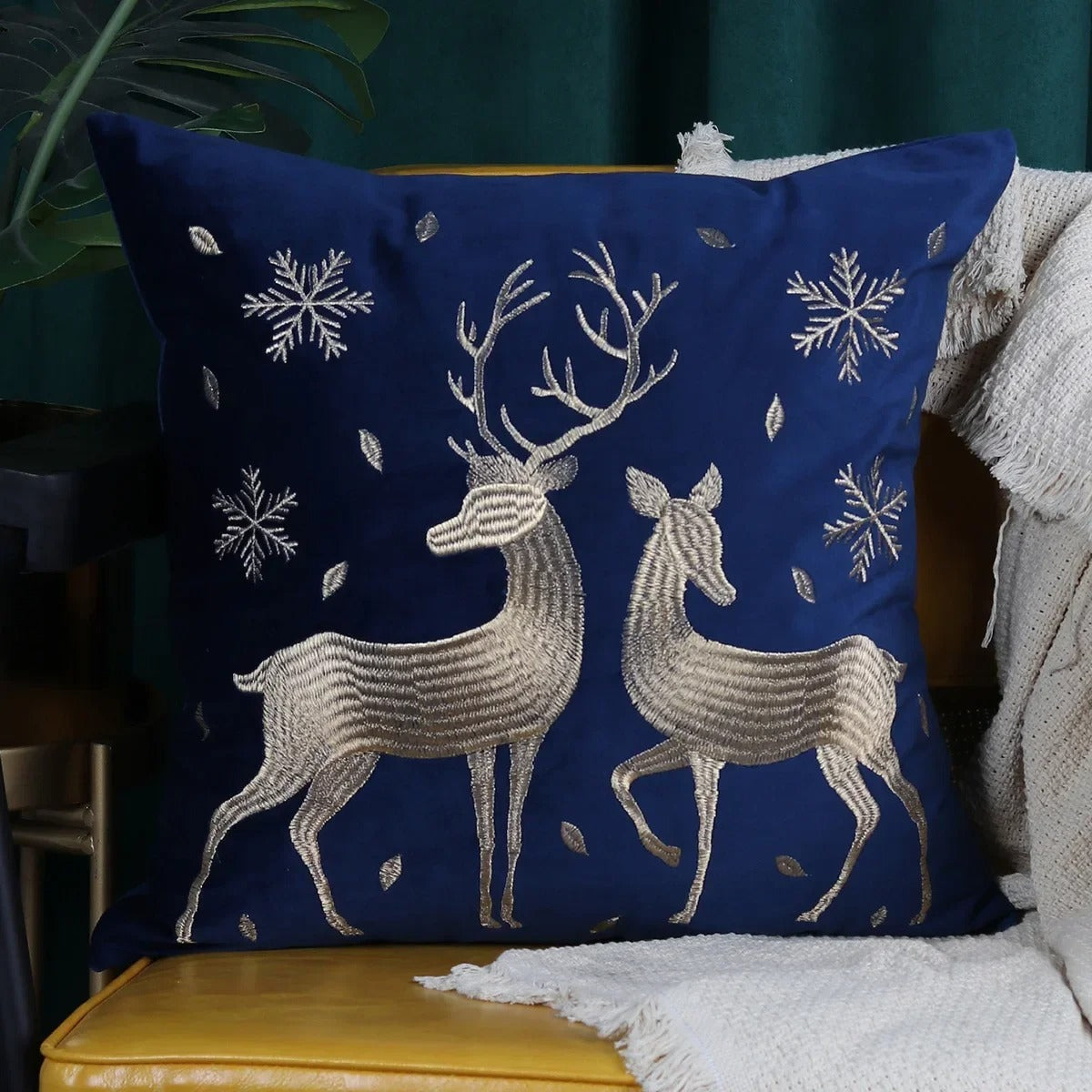 Christmas Reindeer Embroided Cushion Cover