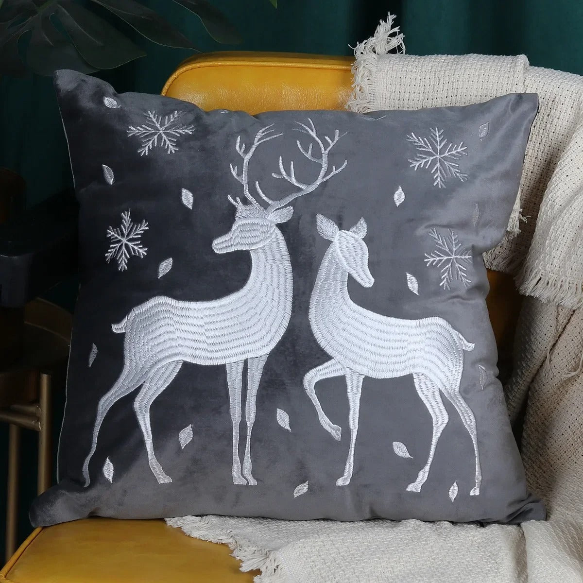 Christmas Reindeer Embroided Cushion Cover