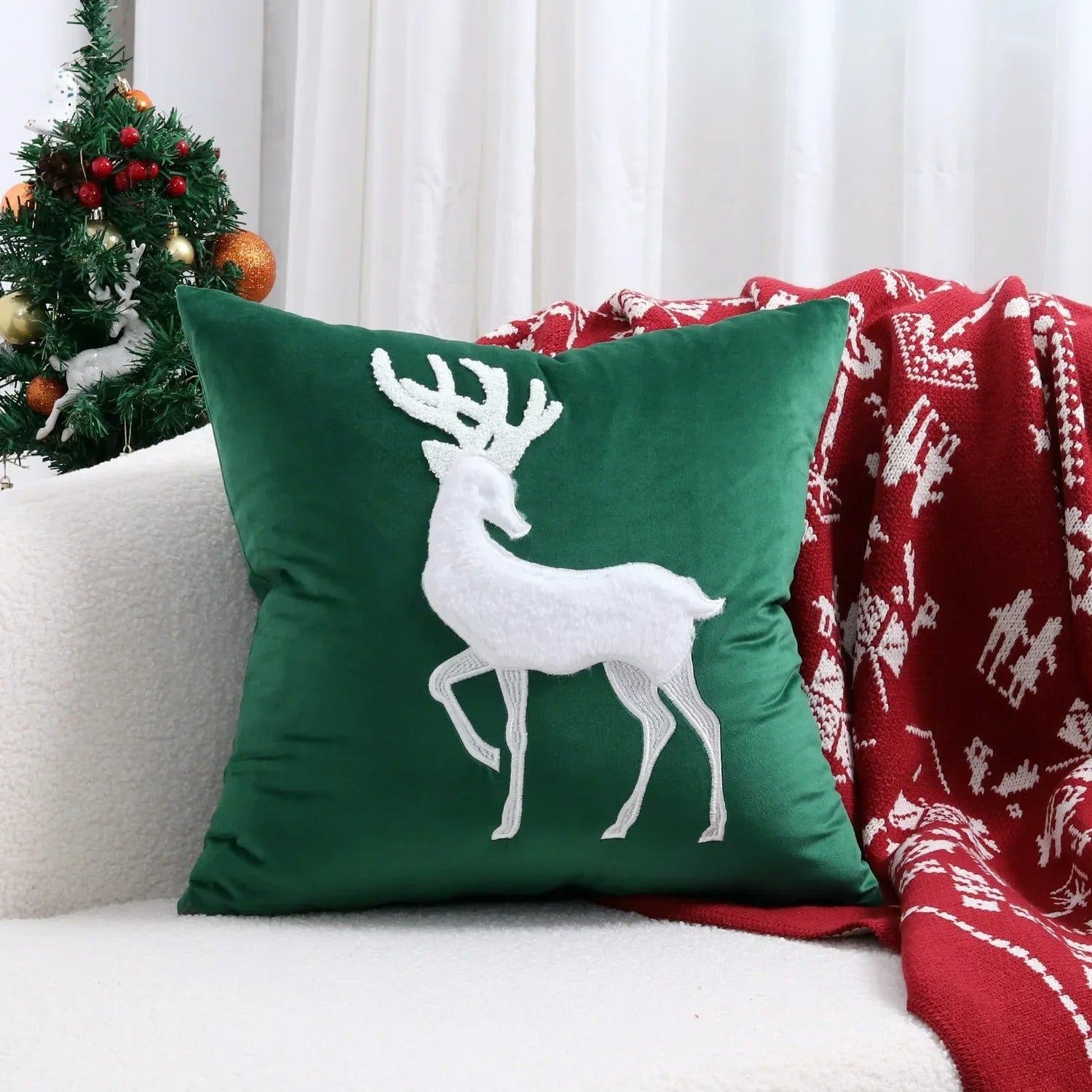 Christmas Reindeer Embroided Cushion Cover