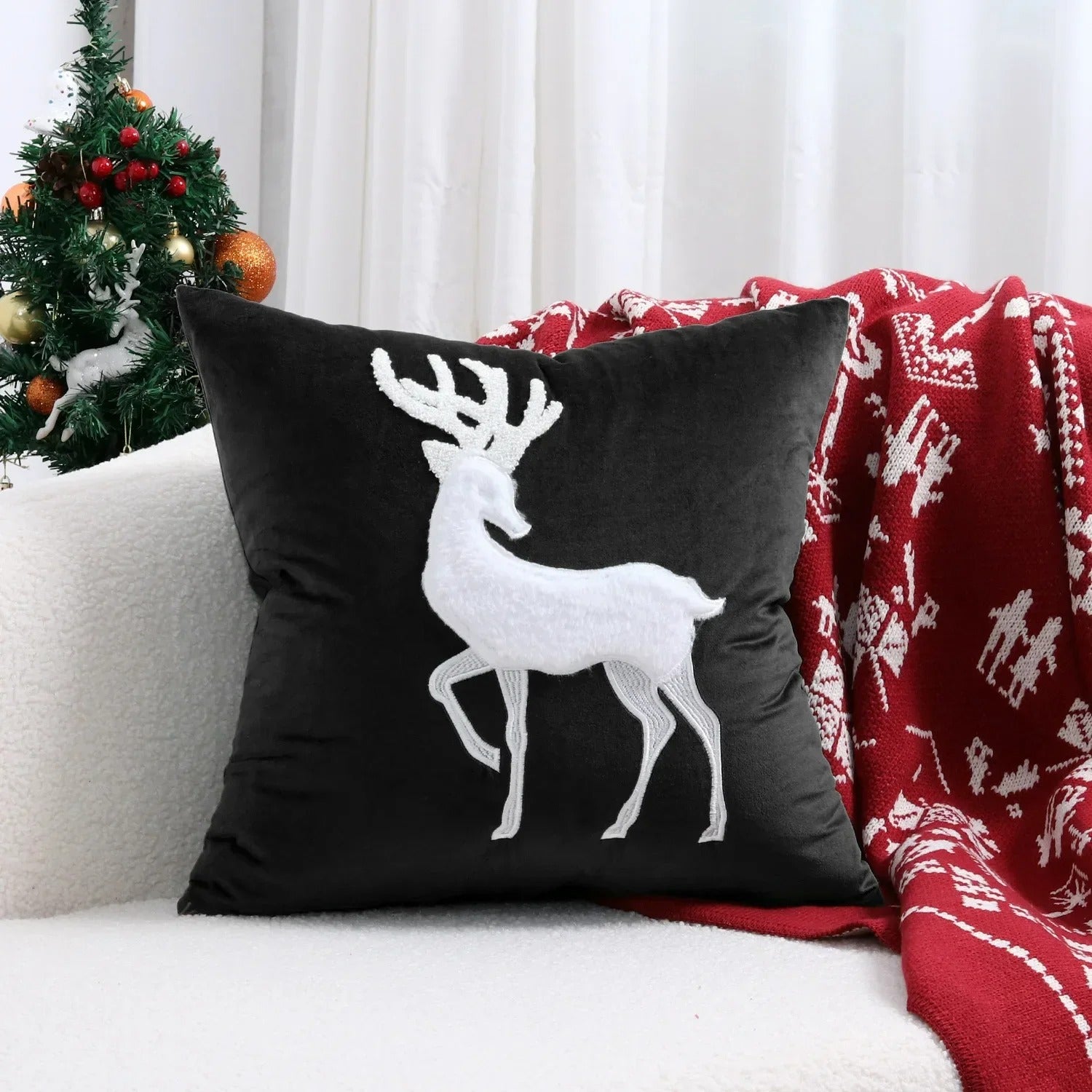 Christmas Reindeer Embroided Cushion Cover