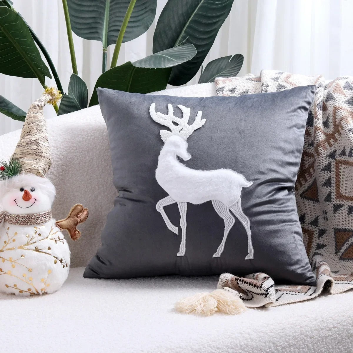 Christmas Reindeer Embroided Cushion Cover