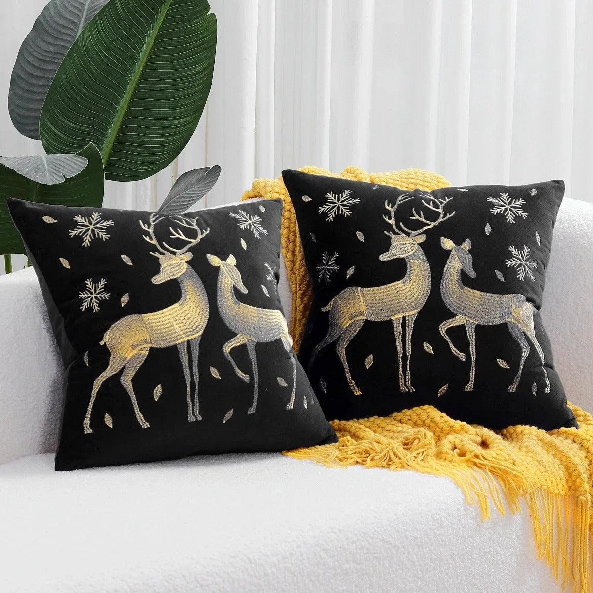 Christmas Reindeer Embroided Cushion Cover