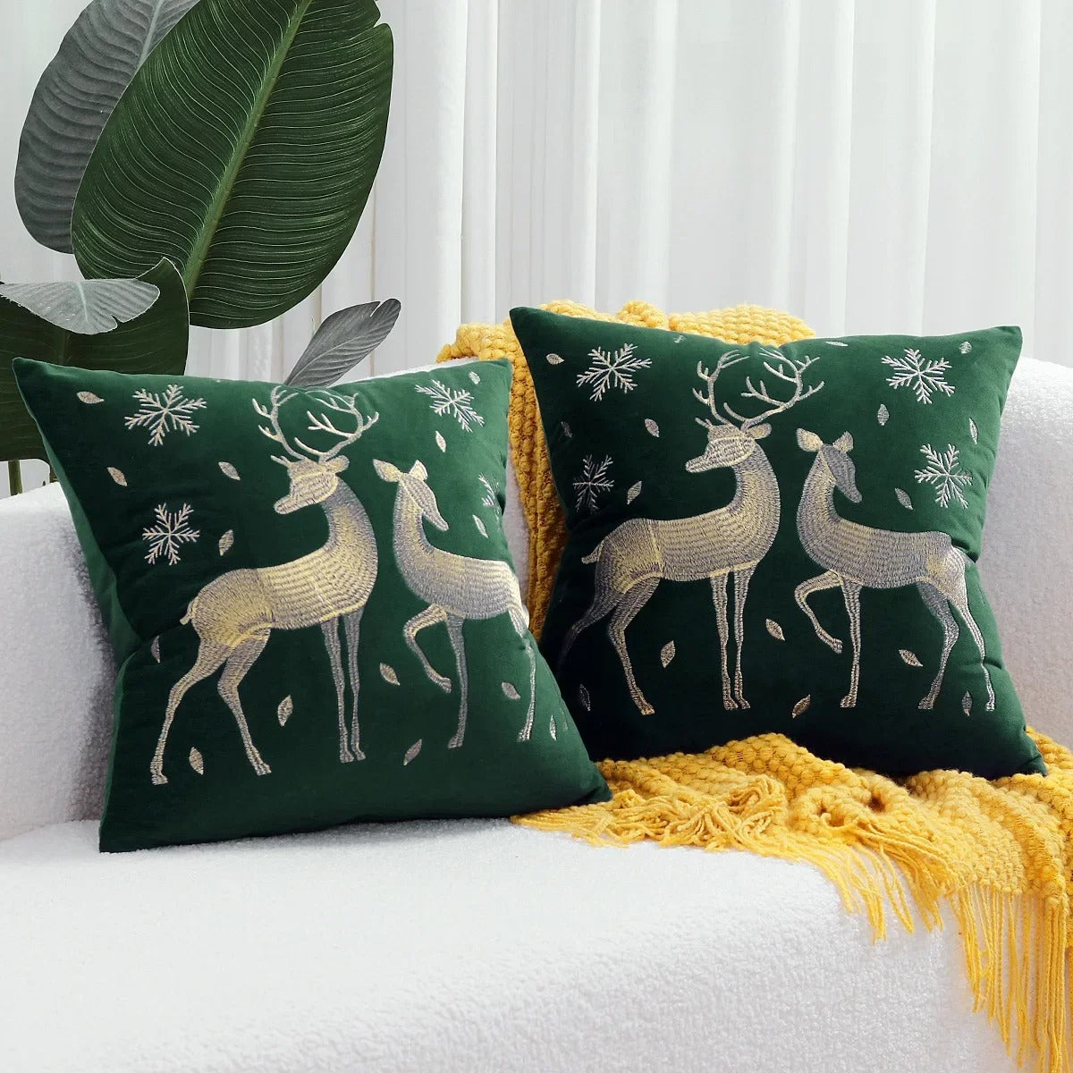 Christmas Reindeer Embroided Cushion Cover