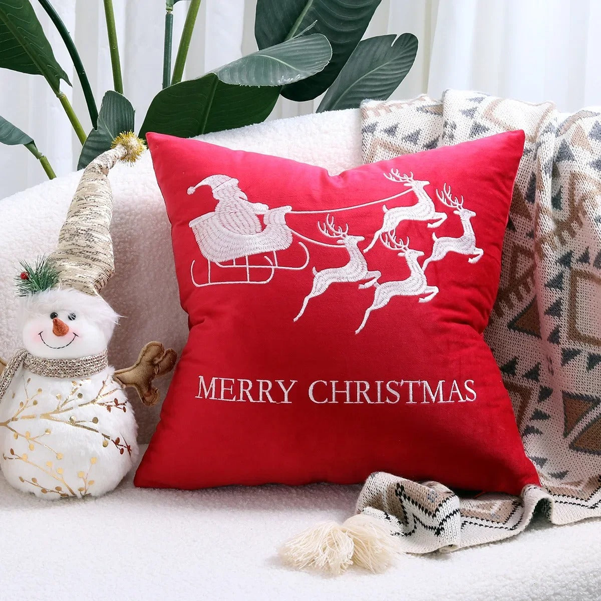 Christmas Reindeer Embroided Cushion Cover