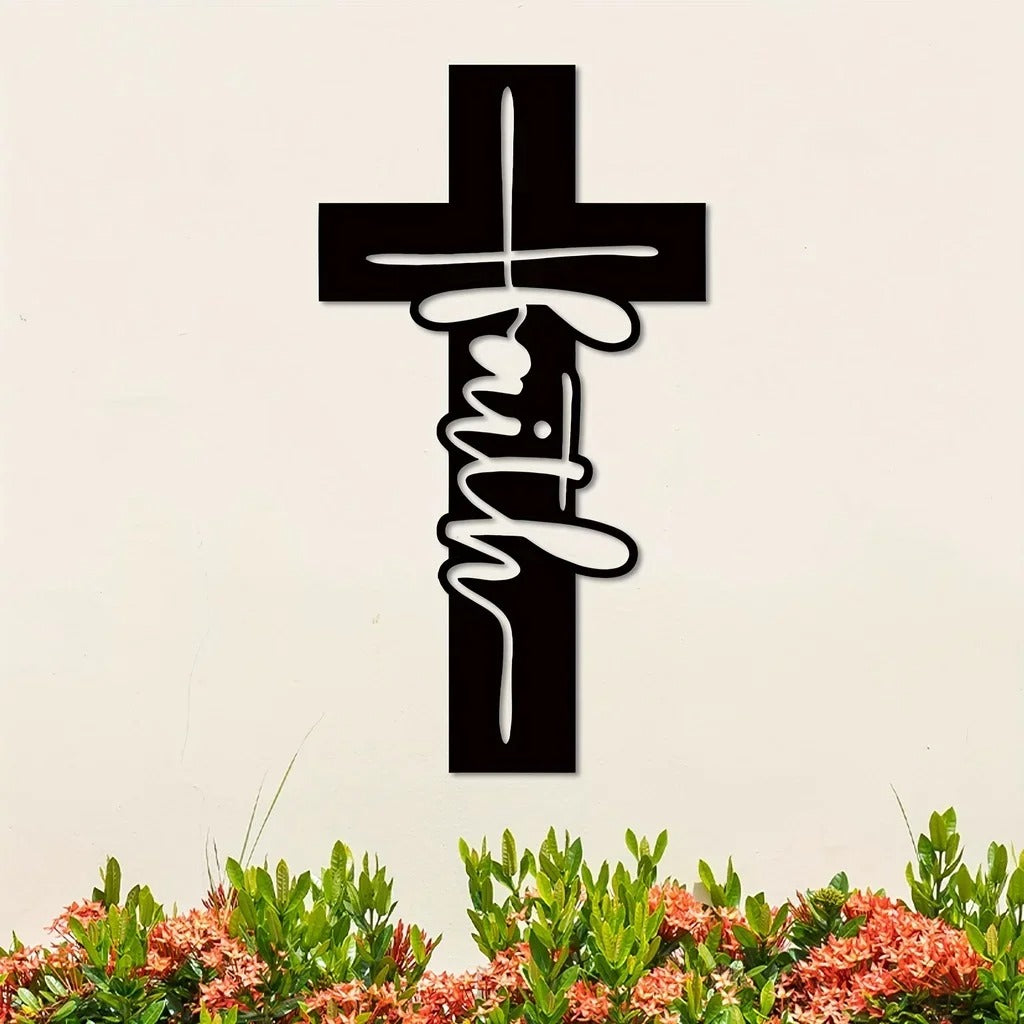 Faith Cursive Cross Metal Wall Art