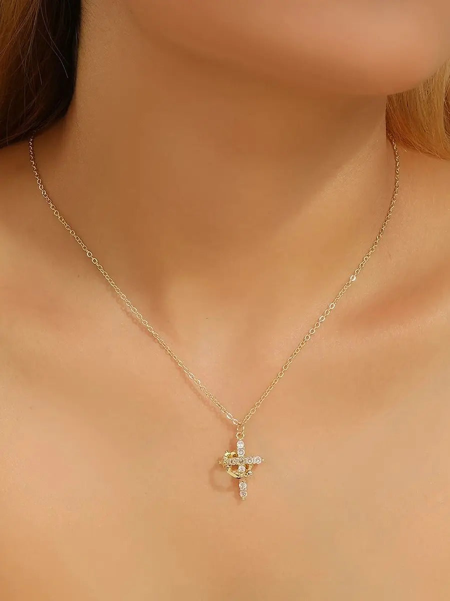 Rhinestone Cross Crown Pendant Necklace