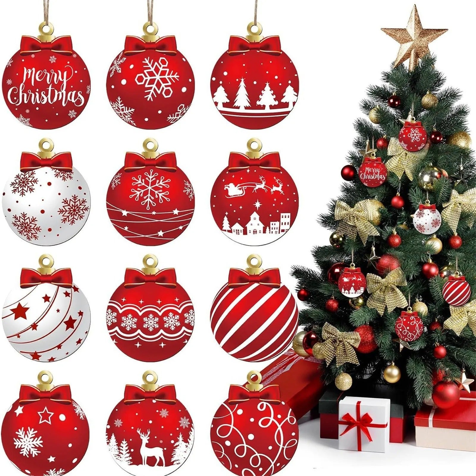 12-Piece Wooden Christmas Tree Ornaments Set