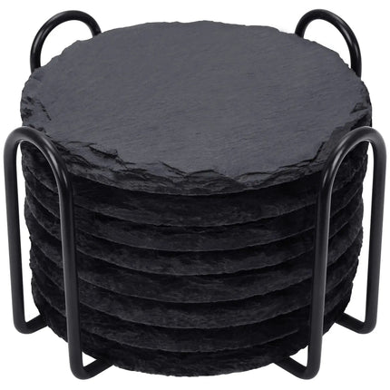 8pc Black Round Slate Coasters