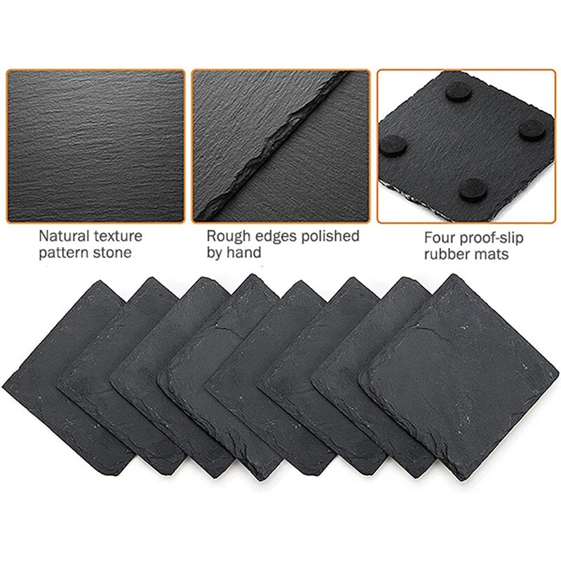 8pc Black Square Slate Coasters